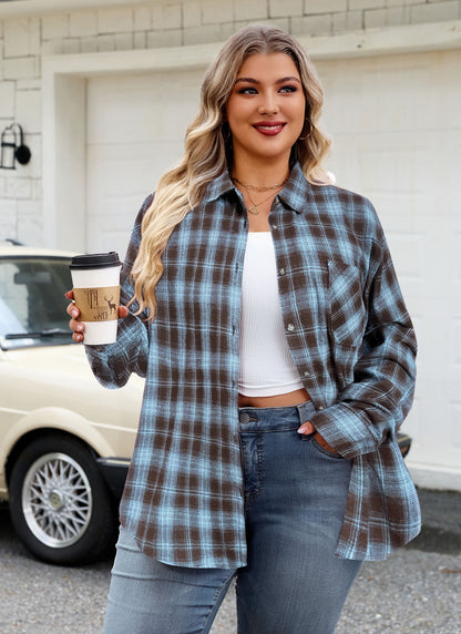 Womens Plus Size Flannel Shirts Long Sleeve Button Down Plaid Shirt Roll Up Oversize Checkered Blouse Top Fall H-01 Brown Blue Plaid Shirts