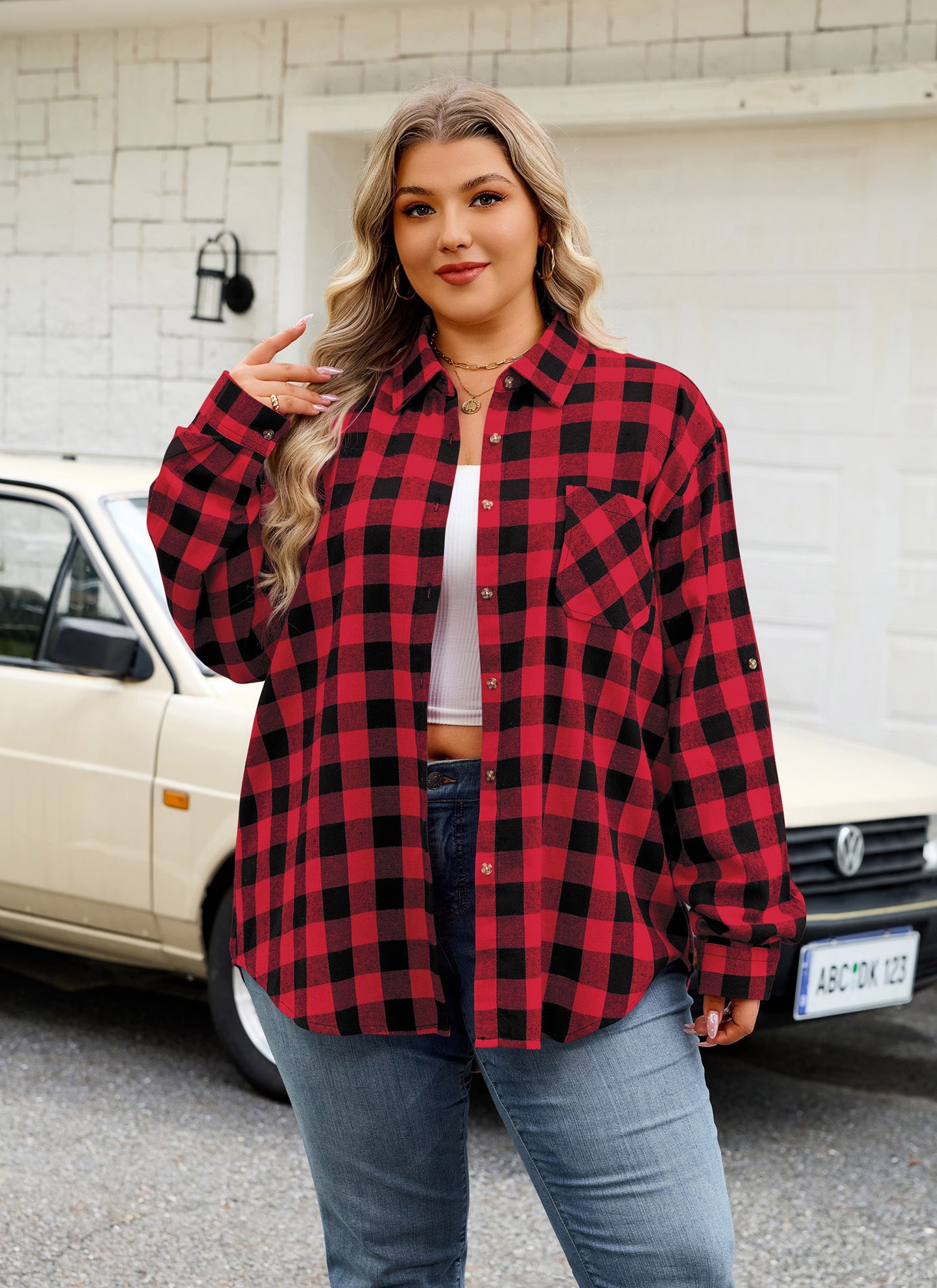 Womens Plus Size Flannel Shirts Long Sleeve Button Down Plaid Shirt Roll Up Oversize Checkered Blouse Top Fall I
