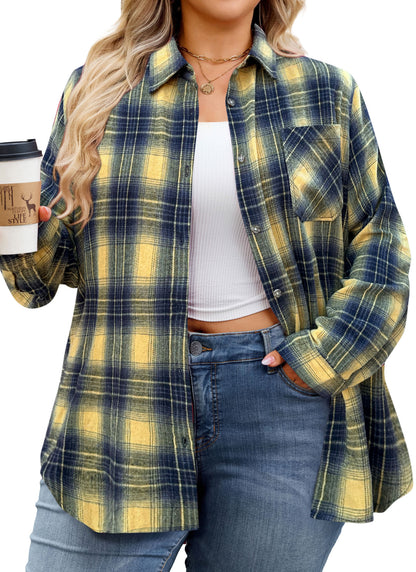Womens Plus Size Flannel Shirts Long Sleeve Button Down Plaid Shirt Roll Up Oversize Checkered Blouse Top Fall G-01 Yellow Flannel Shirt