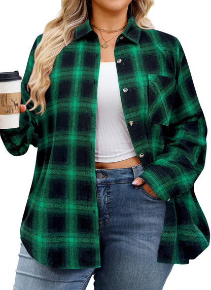 Womens Plus Size Flannel Shirts Long Sleeve Button Down Plaid Shirt Roll Up Oversize Checkered Blouse Top Fall F-01 Green Flannel Plaid Shirt