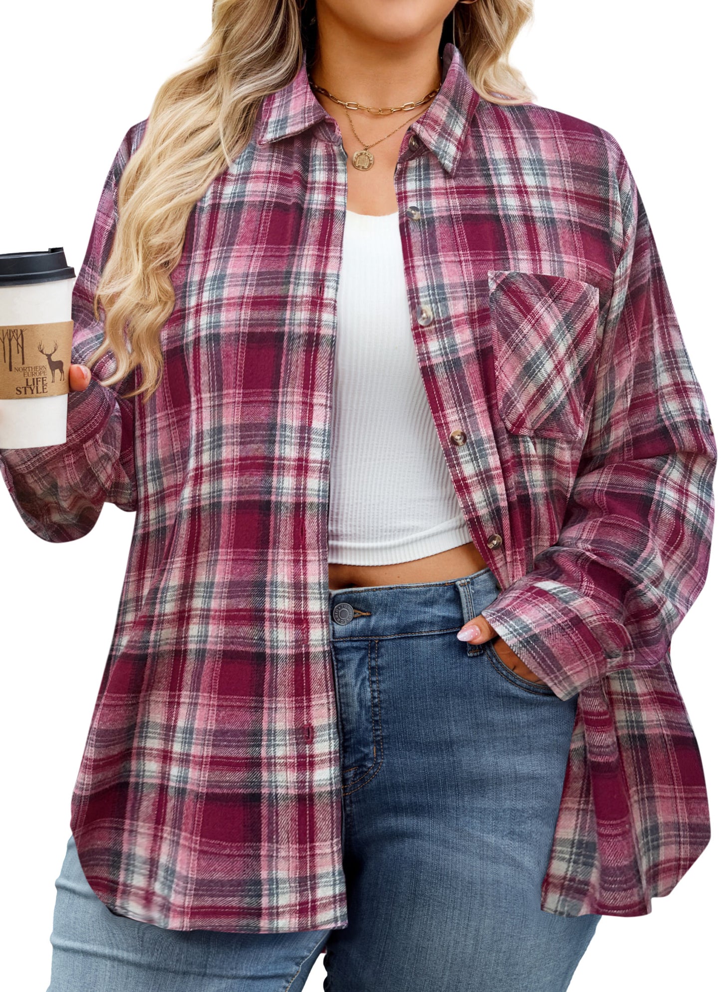 Womens Plus Size Flannel Shirts Long Sleeve Button Down Plaid Shirt Roll Up Oversize Checkered Blouse Top Fall E-02 Red Plaid Shirt