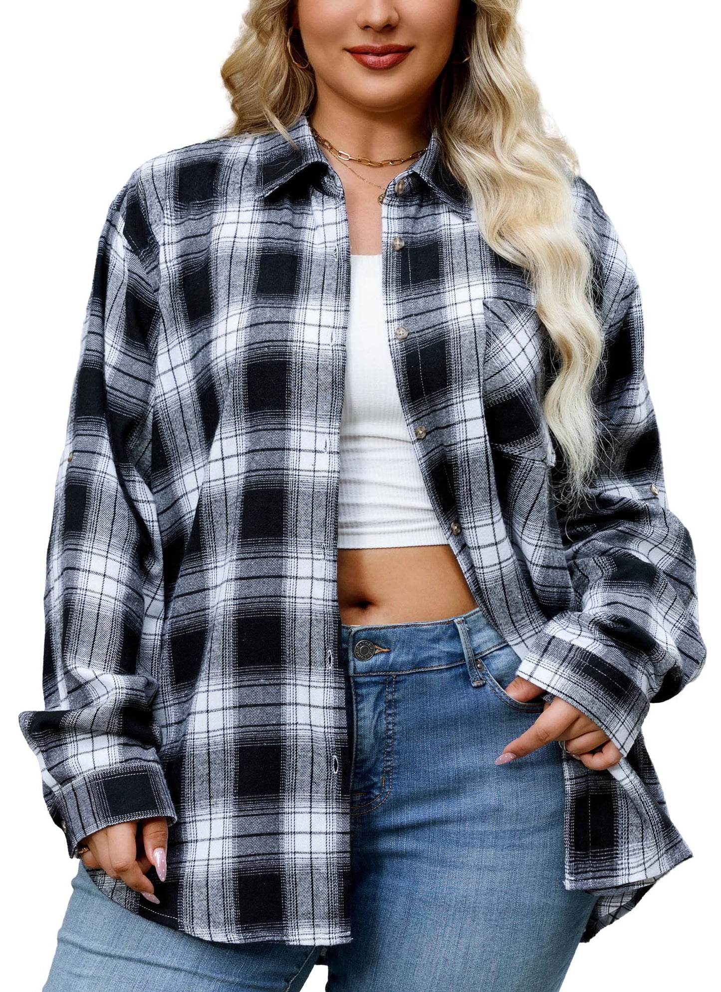 Womens Plus Size Flannel Shirts Long Sleeve Button Down Plaid Shirt Roll Up Oversize Checkered Blouse Top Fall B-01 Black White Plaid Shirt