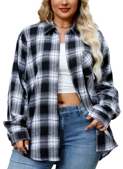 Womens Plus Size Flannel Shirts Long Sleeve Button Down Plaid Shirt Roll Up Oversize Checkered Blouse Top Fall B-01 Black White Plaid Shirt