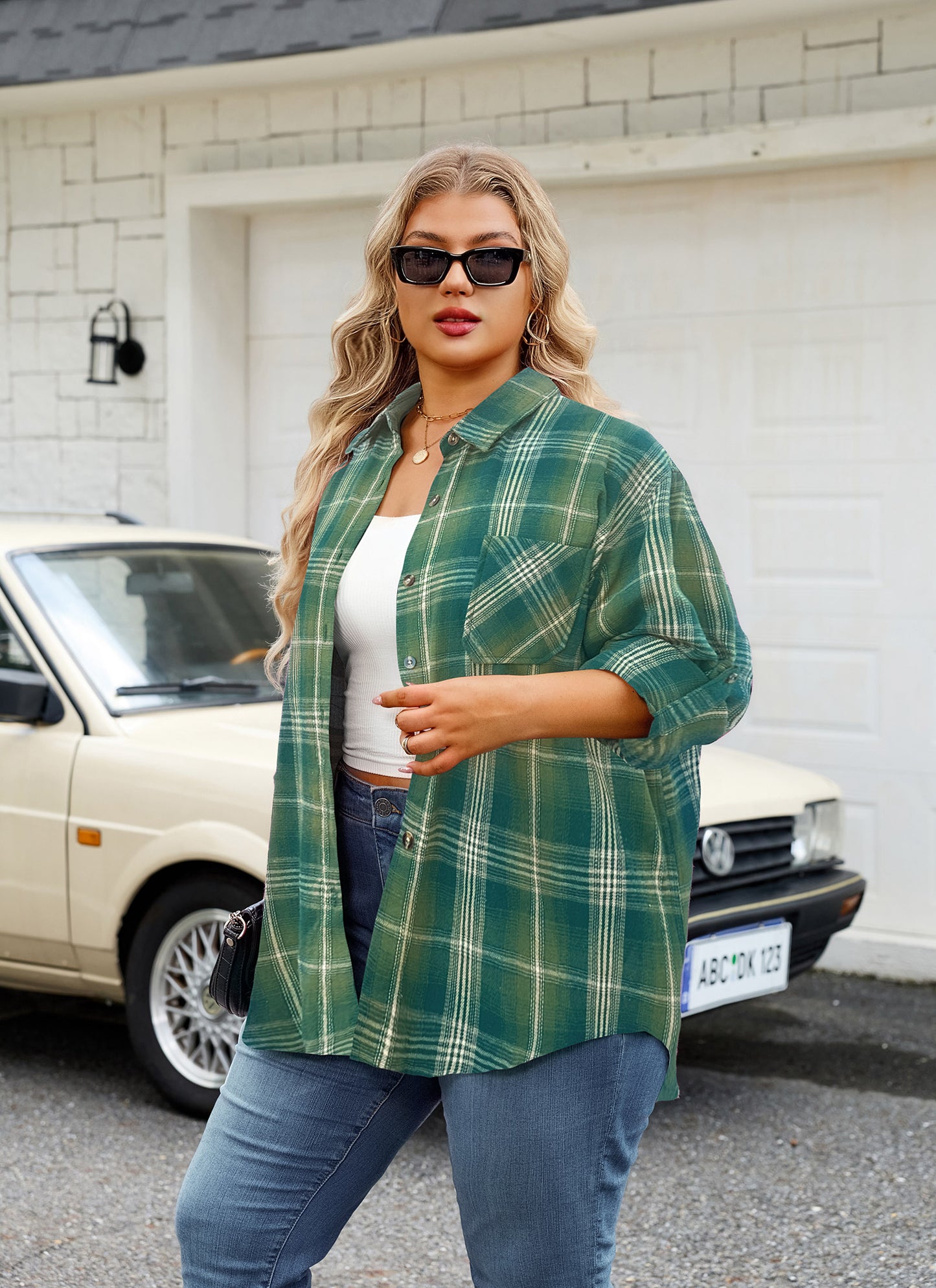 Womens Plus Size Flannel Shirts Long Sleeve Button Down Plaid Shirt Roll Up Oversize Checkered Blouse Top Fall F-02 Green Flannel Plaid Shirt