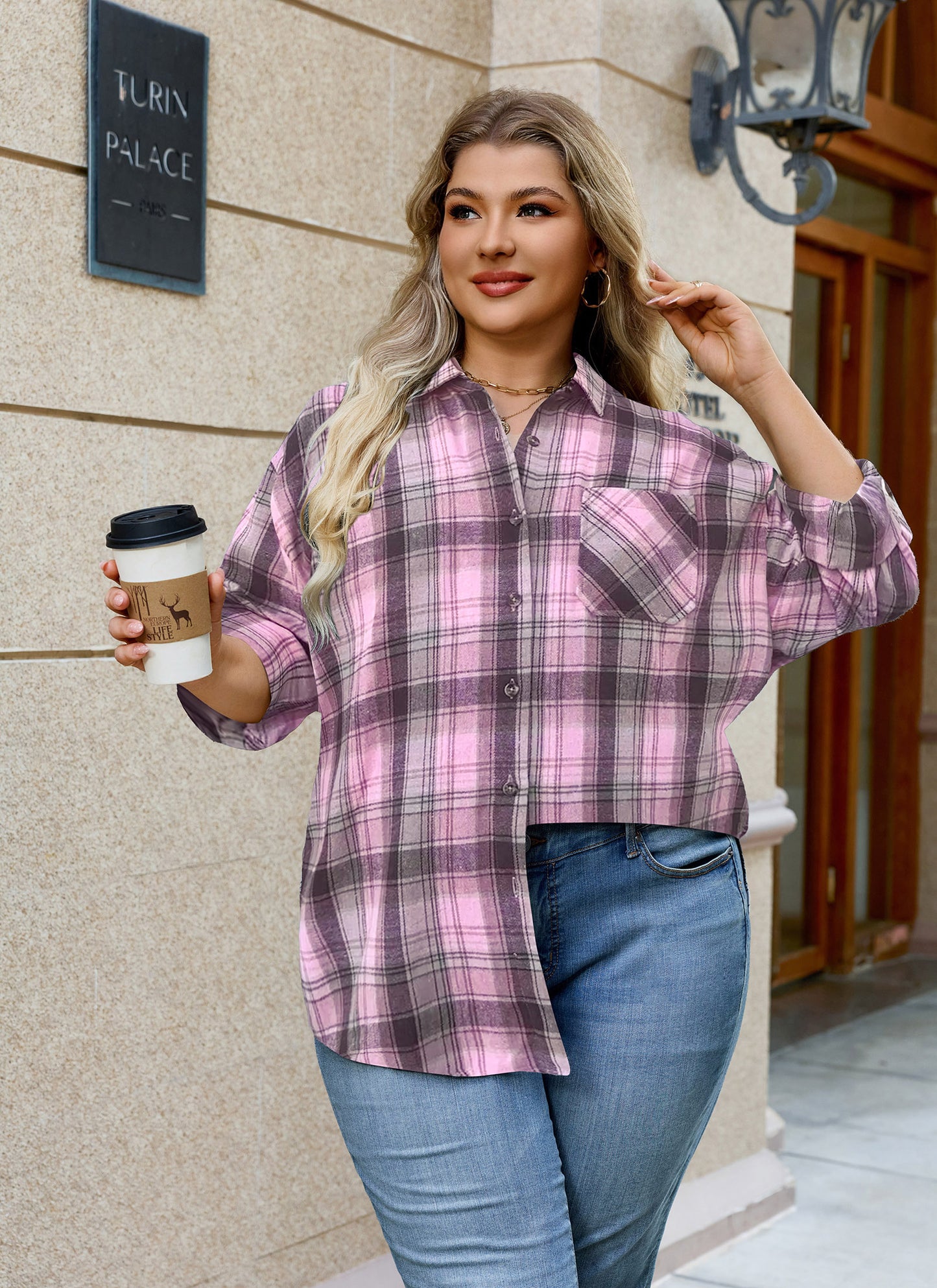 Womens Plus Size Flannel Shirts Long Sleeve Button Down Plaid Shirt Roll Up Oversize Checkered Blouse Top Fall A-04 Light Pink Flannel Plaid Shirt