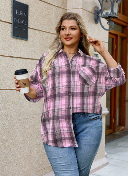 Womens Plus Size Flannel Shirts Long Sleeve Button Down Plaid Shirt Roll Up Oversize Checkered Blouse Top Fall A-04 Light Pink Flannel Plaid Shirt
