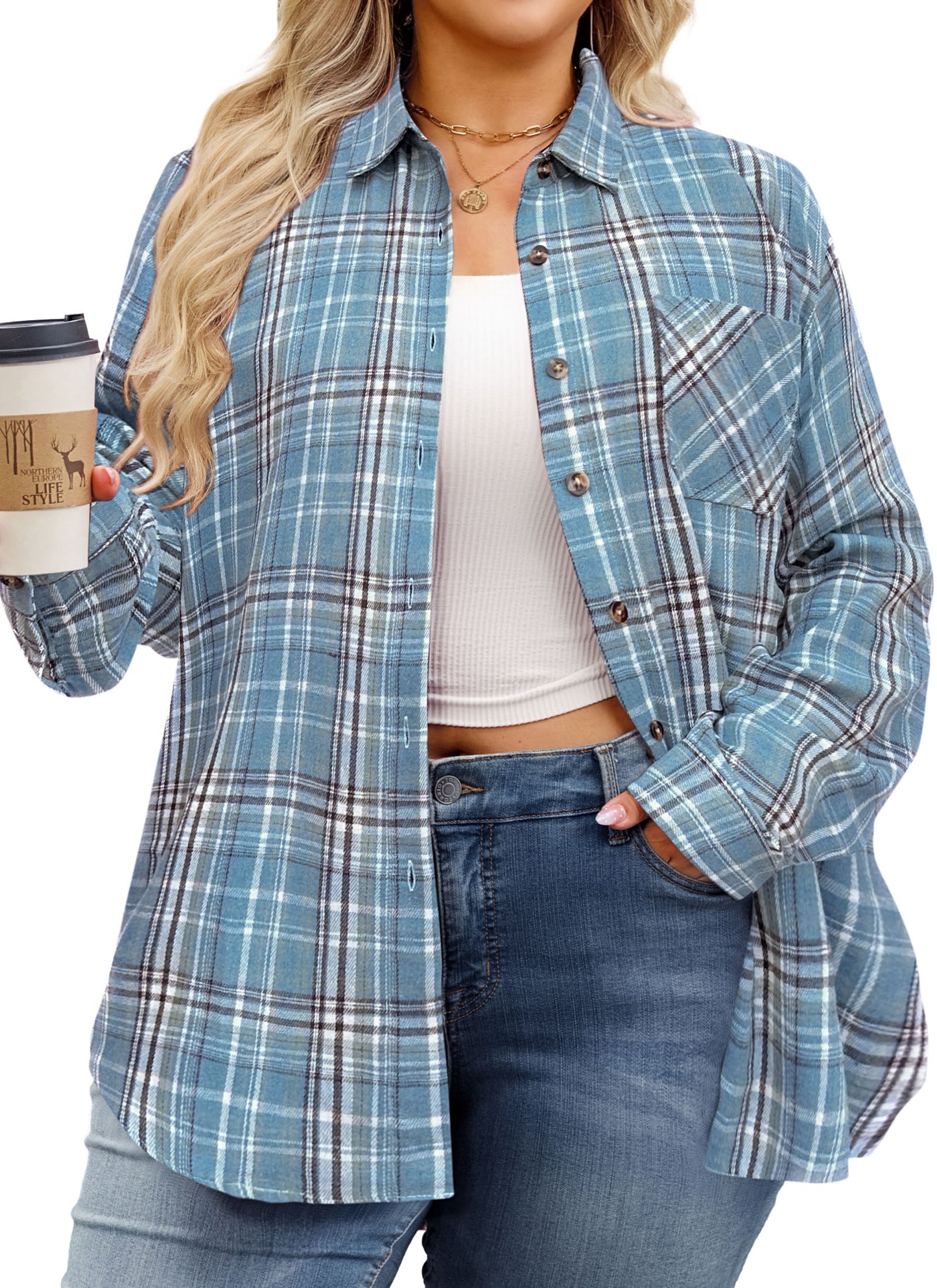 Womens Plus Size Flannel Shirts Long Sleeve Button Down Plaid Shirt Roll Up Oversize Checkered Blouse Top Fall H-02 Blue Plaid Shirts
