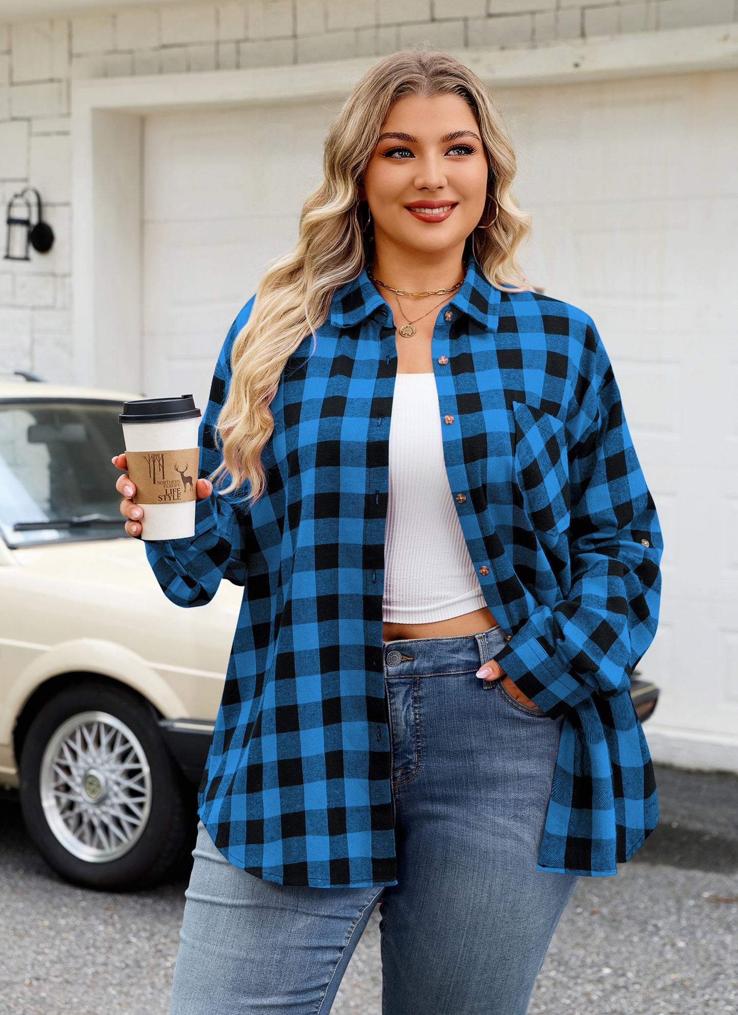 Womens Plus Size Flannel Shirts Long Sleeve Button Down Plaid Shirt Roll Up Oversize Checkered Blouse Top Fall II