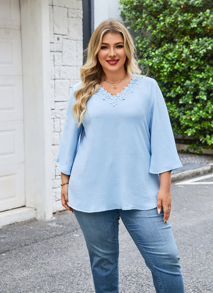 Womens Plus Size Blouses Dressy Casual 3/4 Sleeve Elegant V Neck Floral Trim Ladies Tunics Tops Light Blue