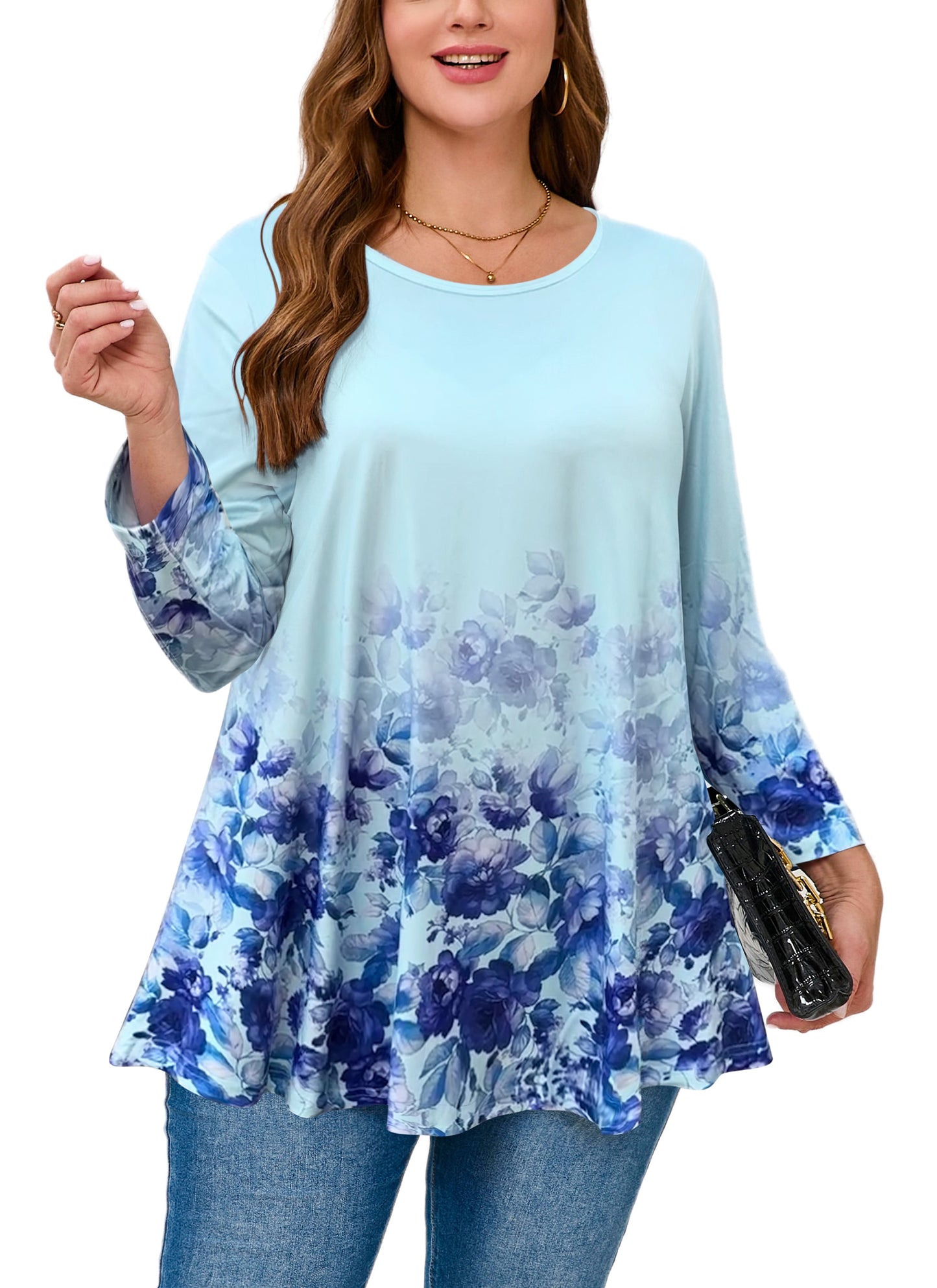 Womens Tunic Tops 3/4 Sleeve Plus Size Crew Neck Swing Flare Loose Fit T-Shirt Blouses to Wear with Leggings Blue Floral Tunics