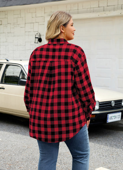 Womens Plus Size Flannel Shirts Long Sleeve Button Down Plaid Shirt Roll Up Oversize Checkered Blouse Top Fall I