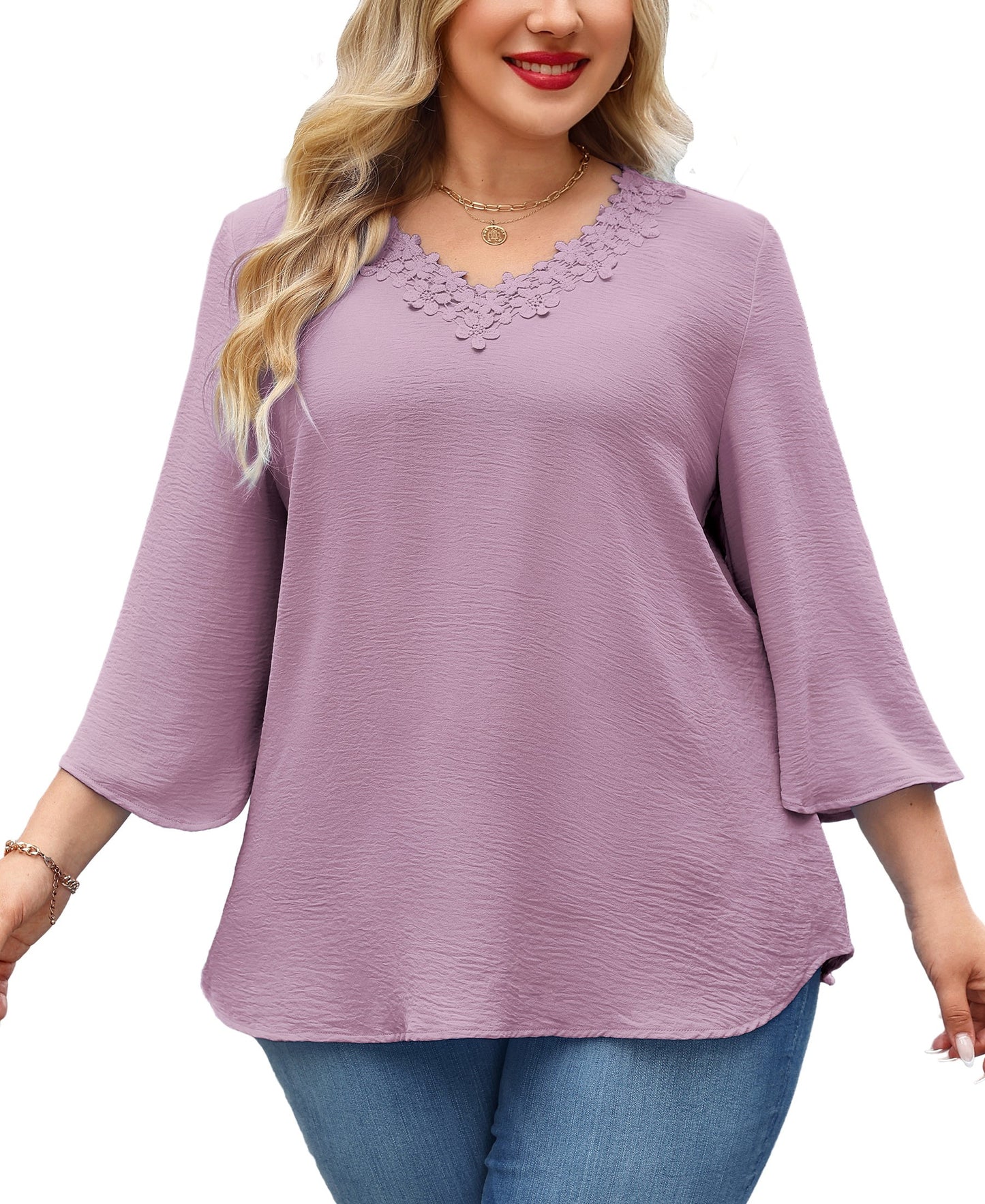 Womens Plus Size Blouses Dressy Casual 3/4 Sleeve Elegant V Neck Floral Trim Ladies Tunics Tops Purple