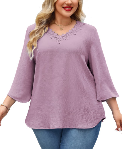 Womens Plus Size Blouses Dressy Casual 3/4 Sleeve Elegant V Neck Floral Trim Ladies Tunics Tops Purple
