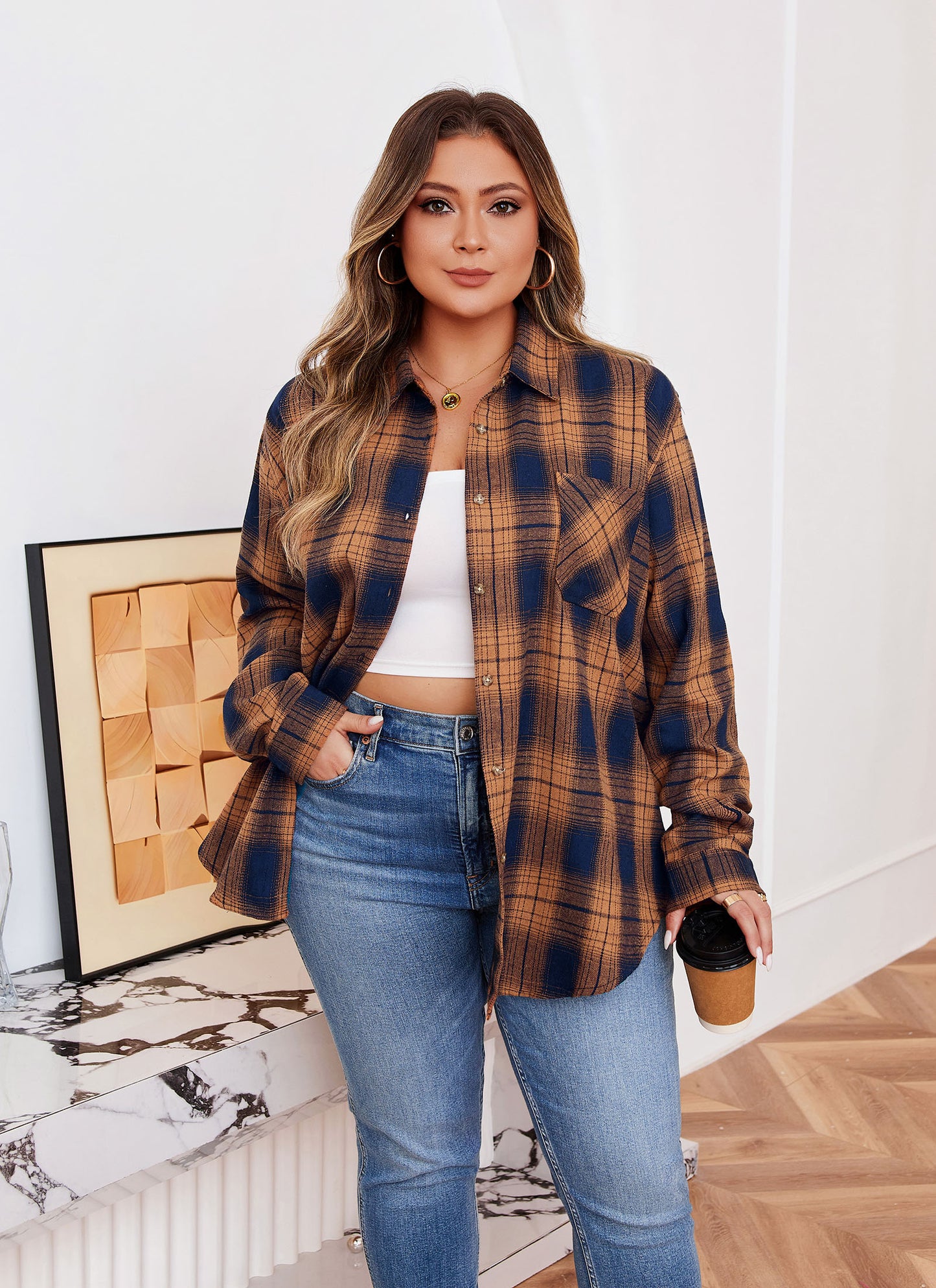 Womens Plus Size Flannel Shirts Long Sleeve Button Down Plaid Shirt Roll Up Oversize Checkered Blouse Top Fall G-03 Orange Plaid Shirt