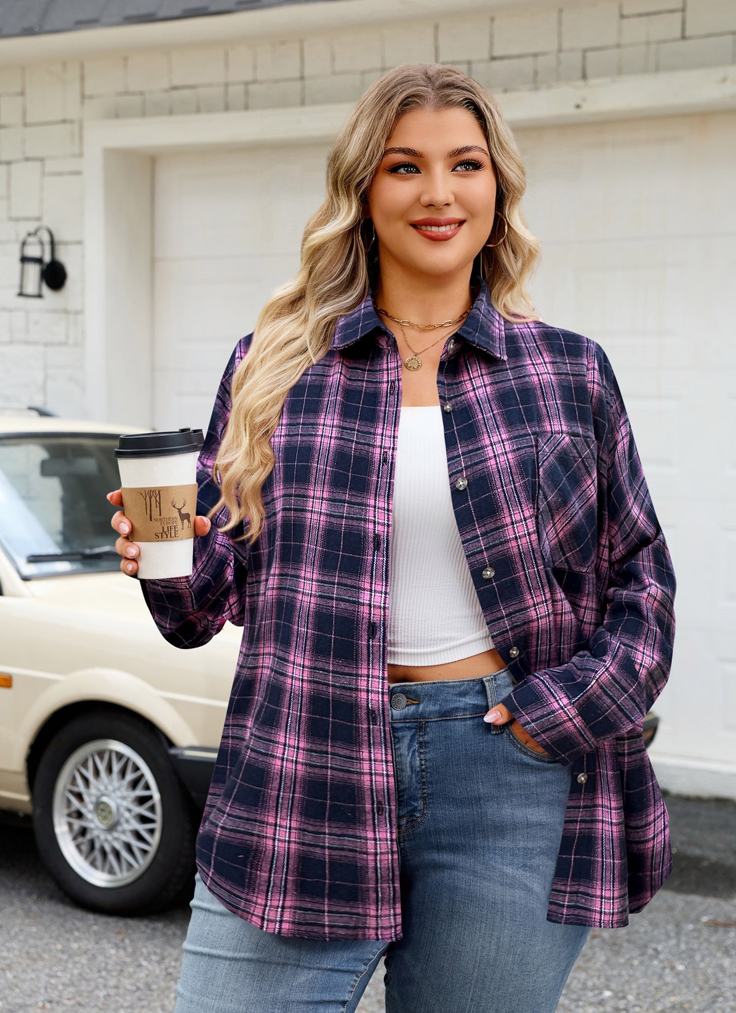 Womens Plus Size Flannel Shirts Long Sleeve Button Down Plaid Shirt Roll Up Oversize Checkered Blouse Top Fall  A-02 Pink Navy Blue Plaid Shirt