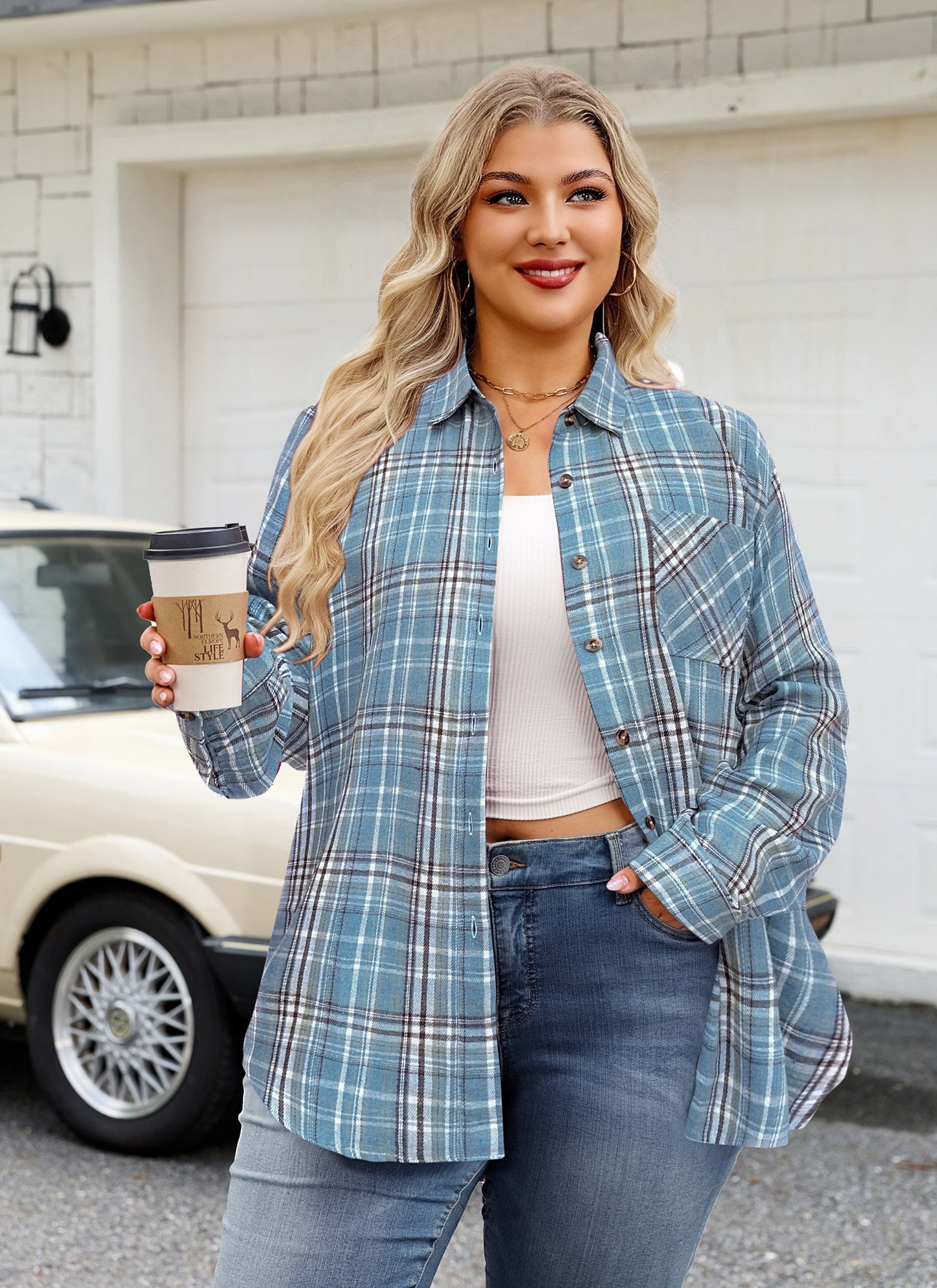 Womens Plus Size Flannel Shirts Long Sleeve Button Down Plaid Shirt Roll Up Oversize Checkered Blouse Top Fall H-02 Blue Plaid Shirts