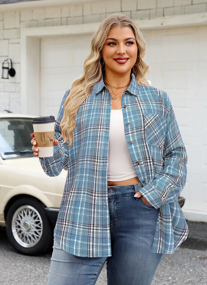 Womens Plus Size Flannel Shirts Long Sleeve Button Down Plaid Shirt Roll Up Oversize Checkered Blouse Top Fall H-02 Blue Plaid Shirts