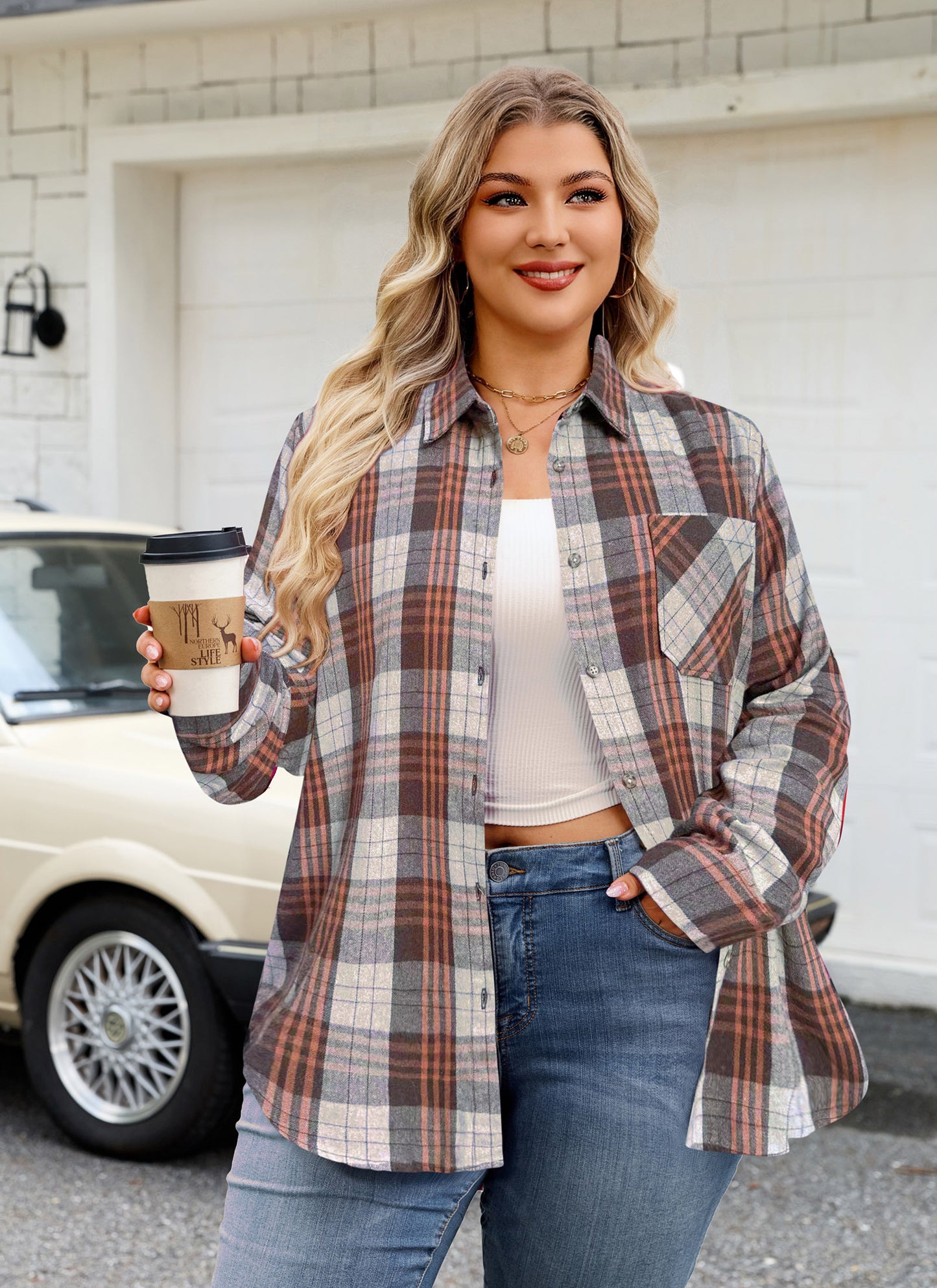 Womens Plus Size Flannel Shirts Long Sleeve Button Down Plaid Shirt Roll Up Oversize Checkered Blouse Top Fall G-02 Brown Plaid Shirts