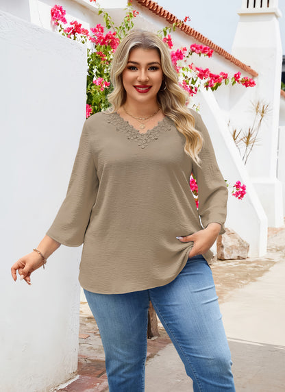 Womens Plus Size Blouses Dressy Casual 3/4 Sleeve Elegant V Neck Floral Trim Ladies Tunics Tops Khaki