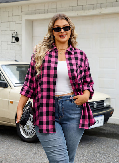 Womens Plus Size Flannel Shirts Long Sleeve Button Down Plaid Shirt Roll Up Oversize Checkered Blouse Top Fall A-03 Hot Pink Flannel Plaid Shirt