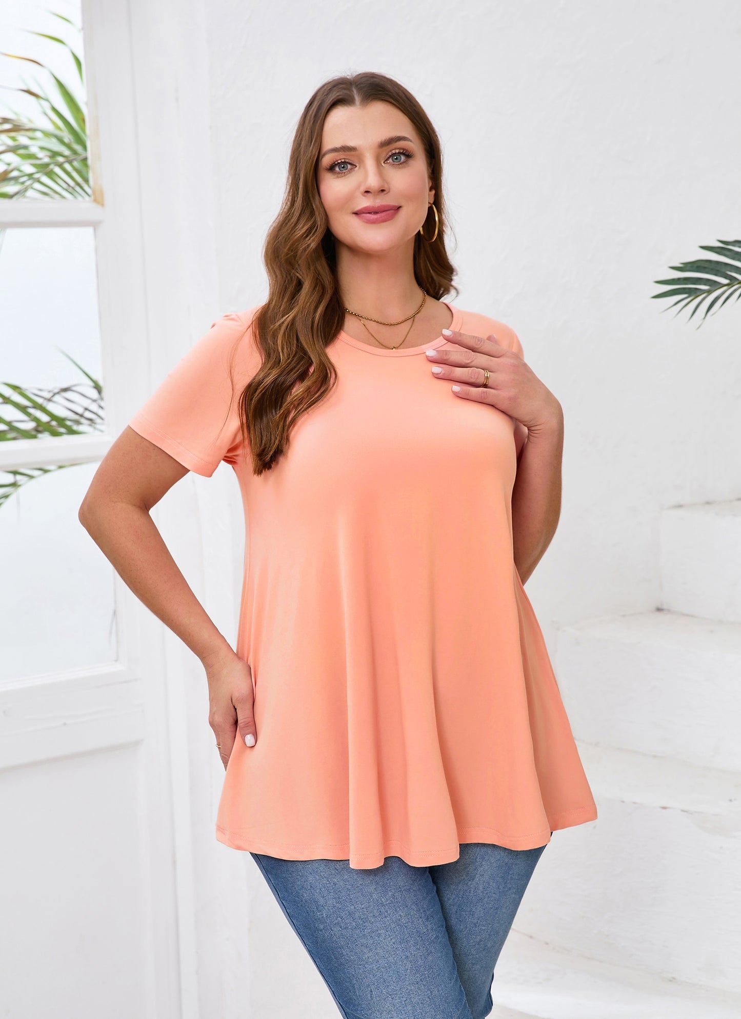 Tunic Tops for Women Plus Size Short Sleeve Crew Neck Swing Flare Loose T-Shirt Blouses to Wear with Leggings  Coral Pink Tunic