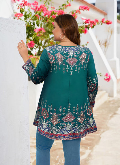 Womens Tunic 3/4 Sleeve Plus Size Tops Crew Neck Swing Flowy Loose Fit T-Shirt Blouses to Wear with Leggings Teals Blue Floral Tunics