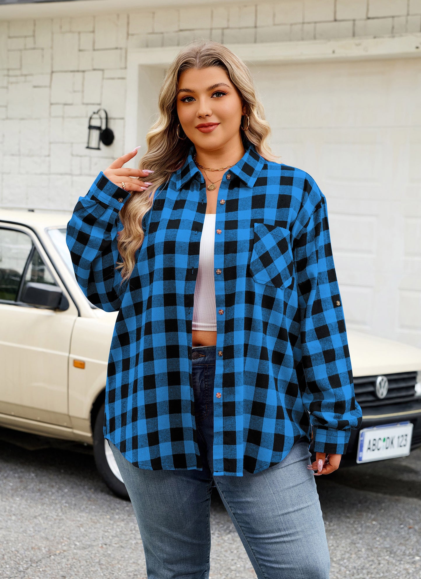 Womens Plus Size Flannel Shirts Long Sleeve Button Down Plaid Shirt Roll Up Oversize Checkered Blouse Top Fall II