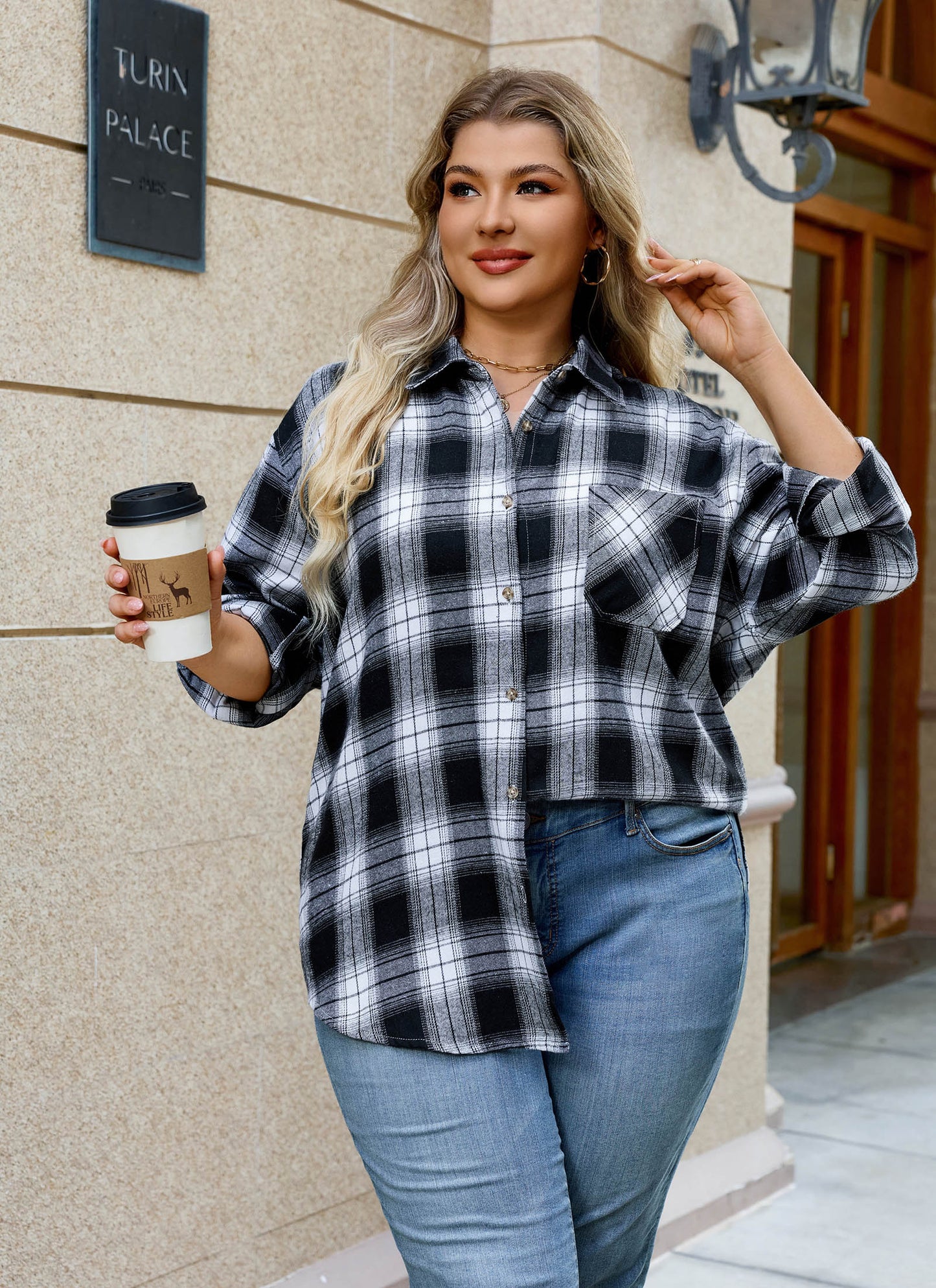 Womens Plus Size Flannel Shirts Long Sleeve Button Down Plaid Shirt Roll Up Oversize Checkered Blouse Top Fall B-01 Black White Plaid Shirt