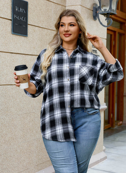 Womens Plus Size Flannel Shirts Long Sleeve Button Down Plaid Shirt Roll Up Oversize Checkered Blouse Top Fall B-01 Black White Plaid Shirt