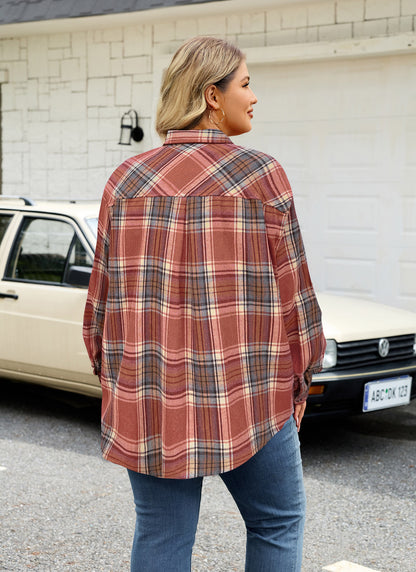 Womens Plus Size Flannel Shirts Long Sleeve Button Down Plaid Shirt Roll Up Oversize Checkered Blouse Top Fall G-04 Orange Plaid Flannel Shirt