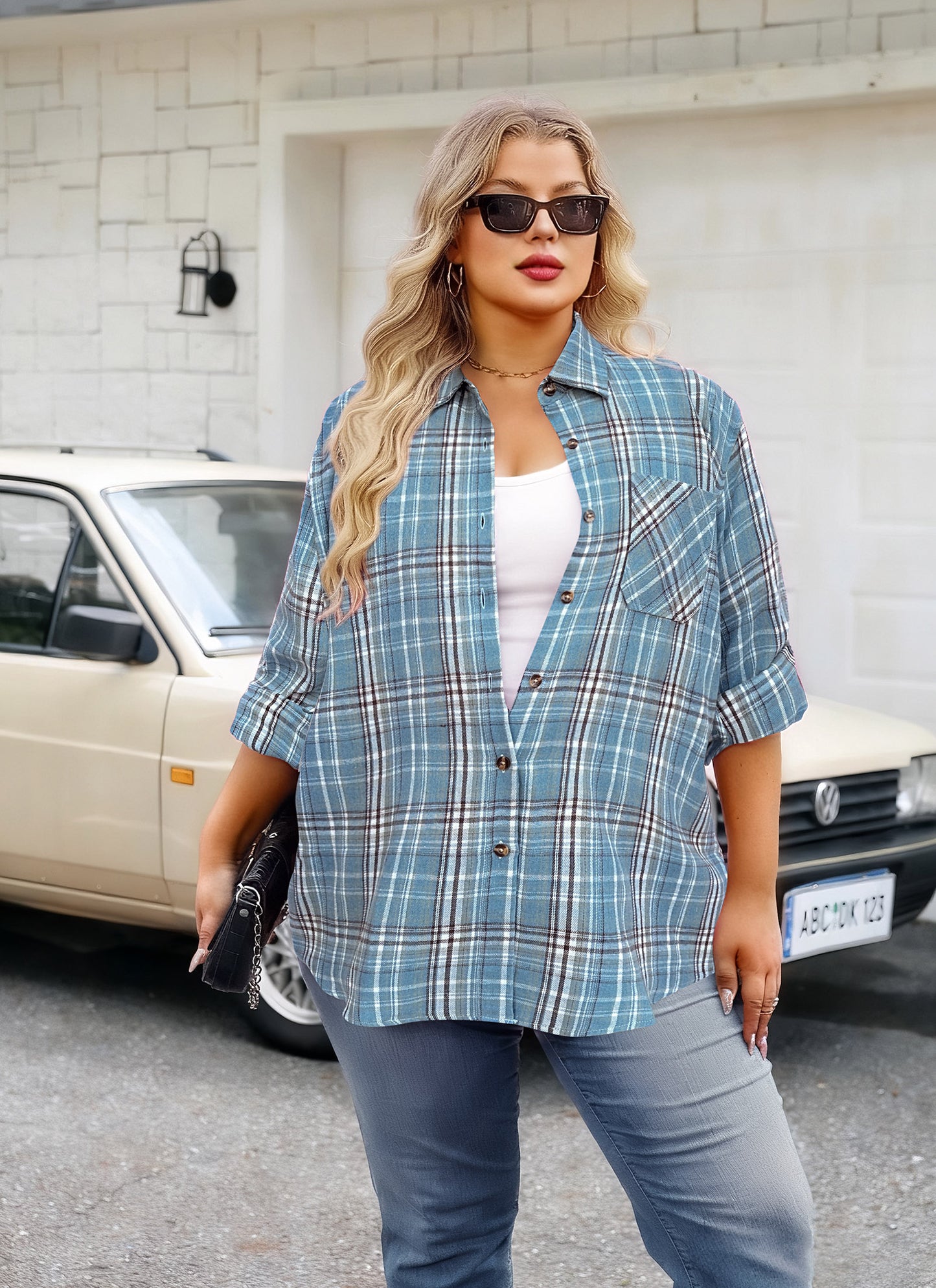 Womens Plus Size Flannel Shirts Long Sleeve Button Down Plaid Shirt Roll Up Oversize Checkered Blouse Top Fall H-02 Blue Plaid Shirts