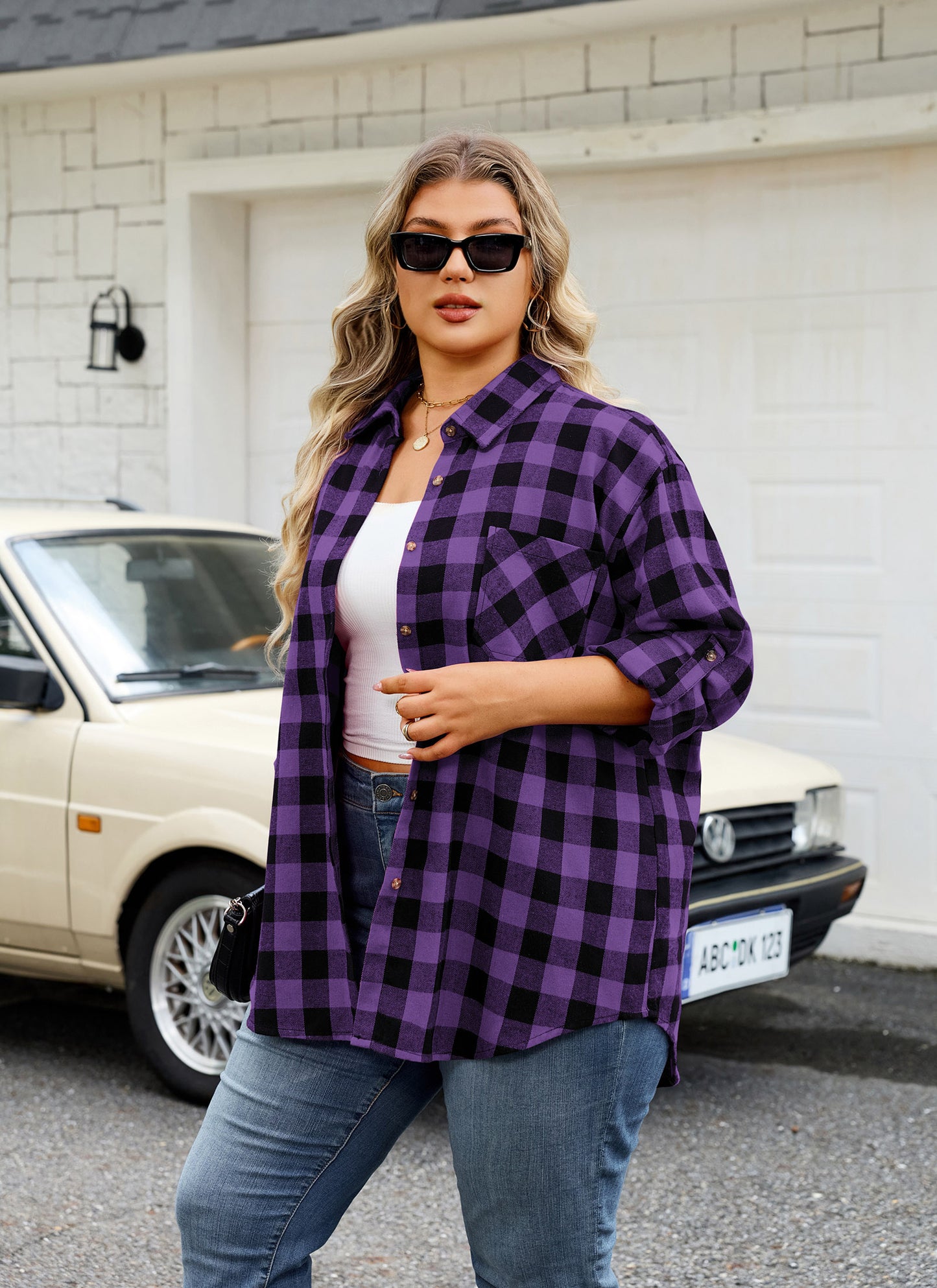 Womens Plus Size Flannel Shirts Long Sleeve Button Down Plaid Shirt Roll Up Oversize Checkered Blouse Top Fall C-01 Purple Flannel Shirt