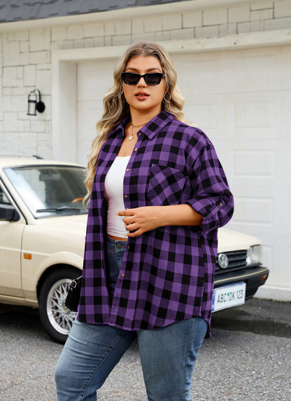 Womens Plus Size Flannel Shirts Long Sleeve Button Down Plaid Shirt Roll Up Oversize Checkered Blouse Top Fall C-01 Purple Flannel Shirt
