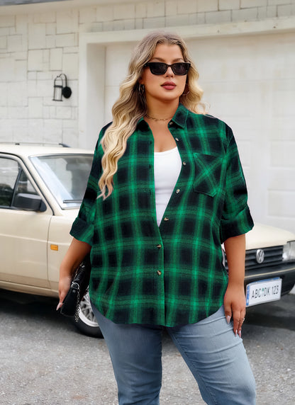 Womens Plus Size Flannel Shirts Long Sleeve Button Down Plaid Shirt Roll Up Oversize Checkered Blouse Top Fall F-01 Green Flannel Plaid Shirt