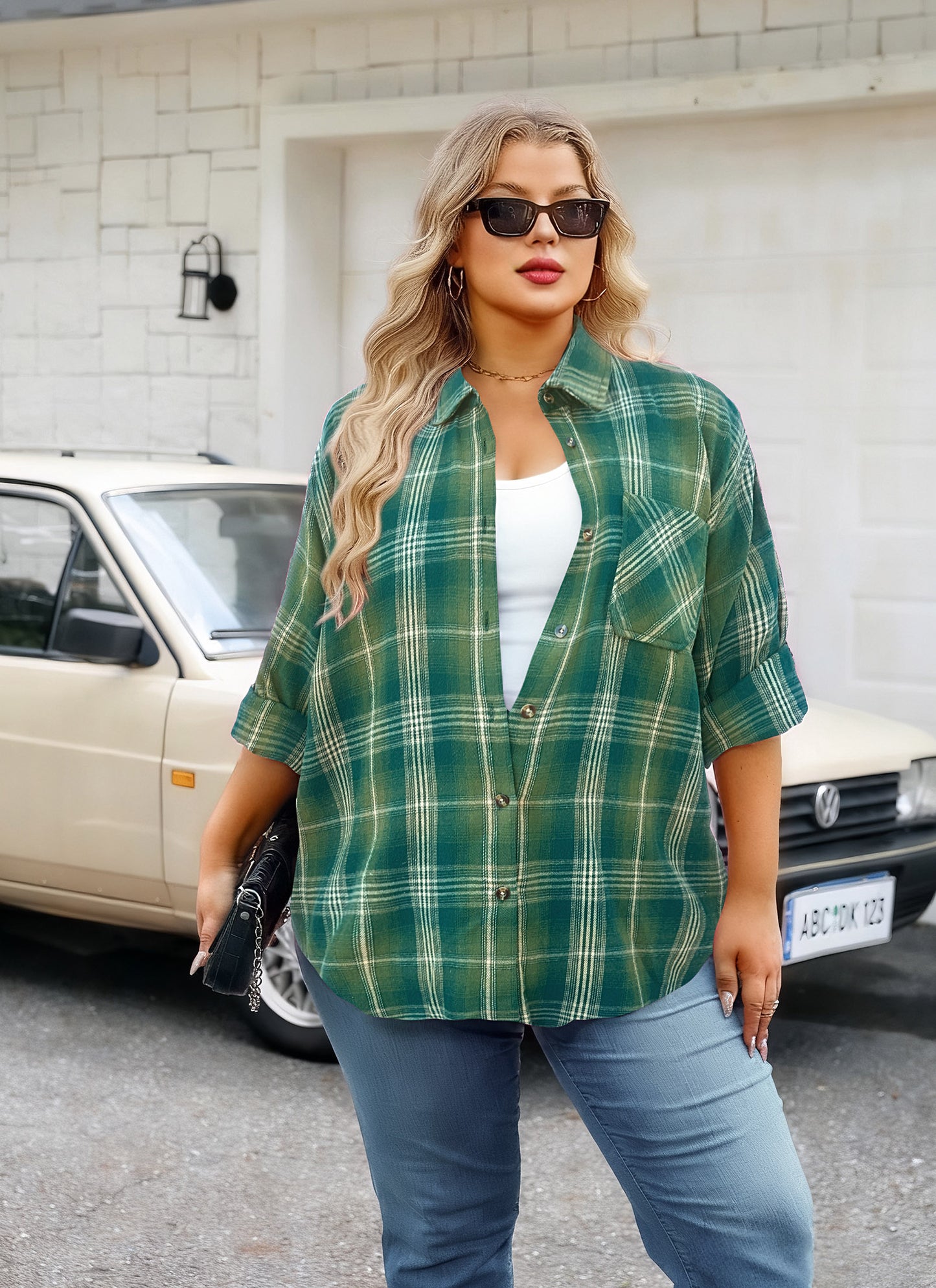 Womens Plus Size Flannel Shirts Long Sleeve Button Down Plaid Shirt Roll Up Oversize Checkered Blouse Top Fall F-02 Green Flannel Plaid Shirt