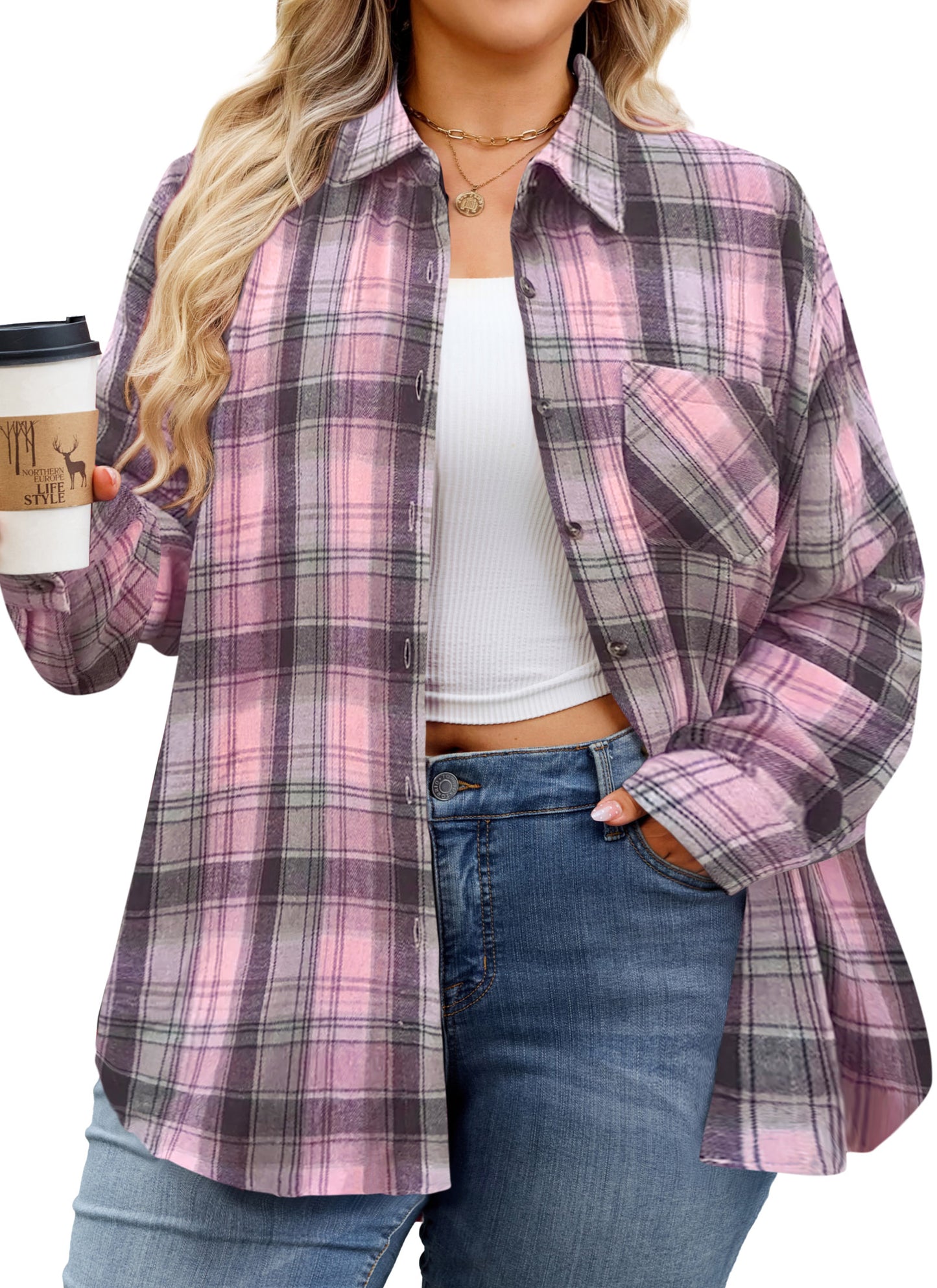 Womens Plus Size Flannel Shirts Long Sleeve Button Down Plaid Shirt Roll Up Oversize Checkered Blouse Top Fall A-04 Light Pink Flannel Plaid Shirt