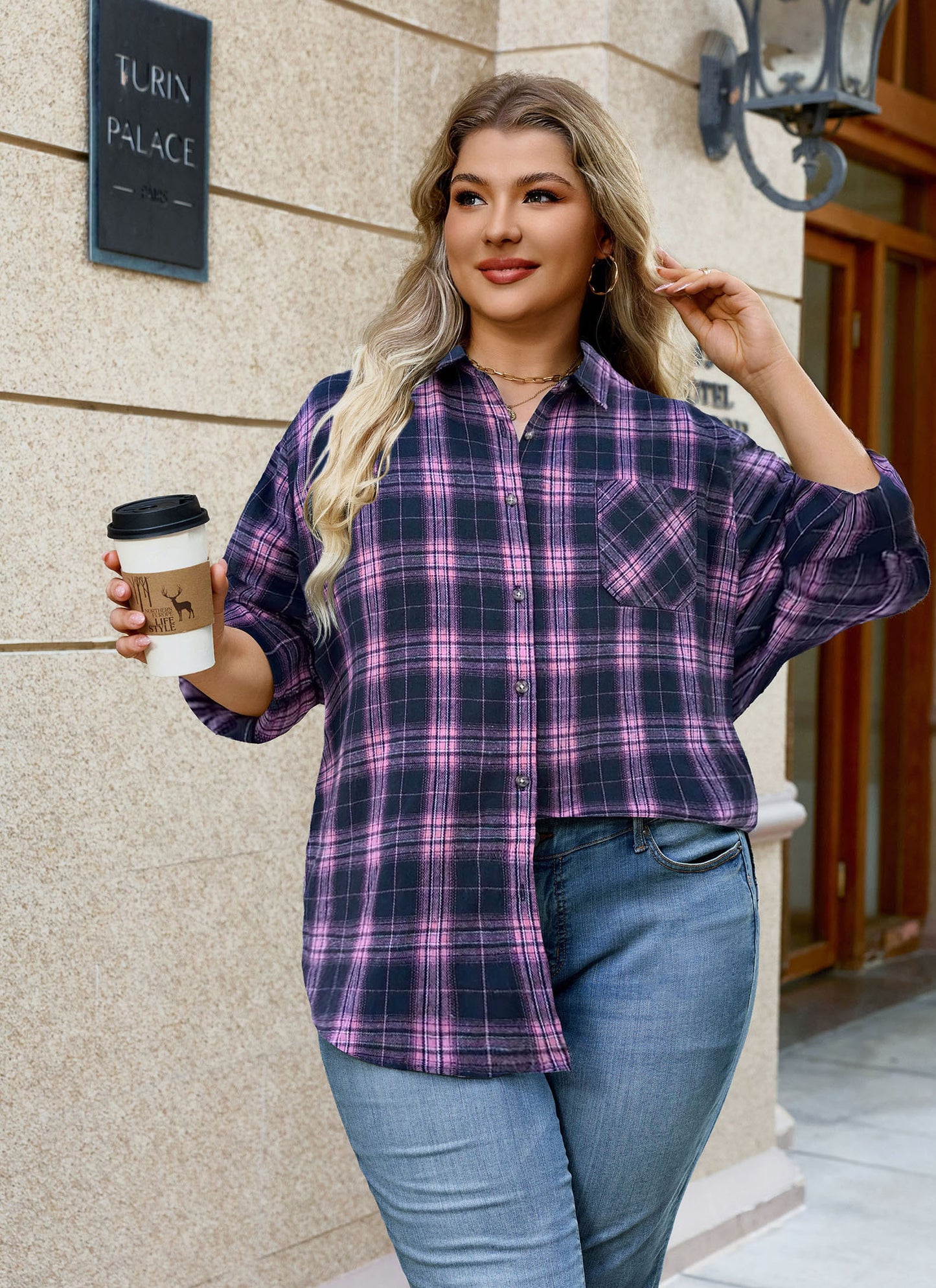 Womens Plus Size Flannel Shirts Long Sleeve Button Down Plaid Shirt Roll Up Oversize Checkered Blouse Top Fall  A-02 Pink Navy Blue Plaid Shirt