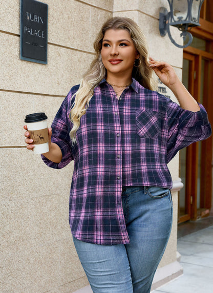 Womens Plus Size Flannel Shirts Long Sleeve Button Down Plaid Shirt Roll Up Oversize Checkered Blouse Top Fall  A-02 Pink Navy Blue Plaid Shirt