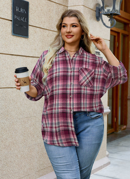 Womens Plus Size Flannel Shirts Long Sleeve Button Down Plaid Shirt Roll Up Oversize Checkered Blouse Top Fall E-02 Red Plaid Shirt