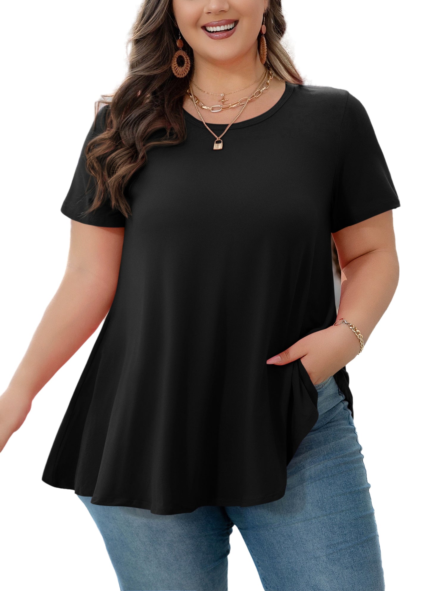 Tunic Tops for Women Plus Size Short Sleeve Crew Neck Swing Flare Loose T-Shirt Blouses to Wear with Leggings