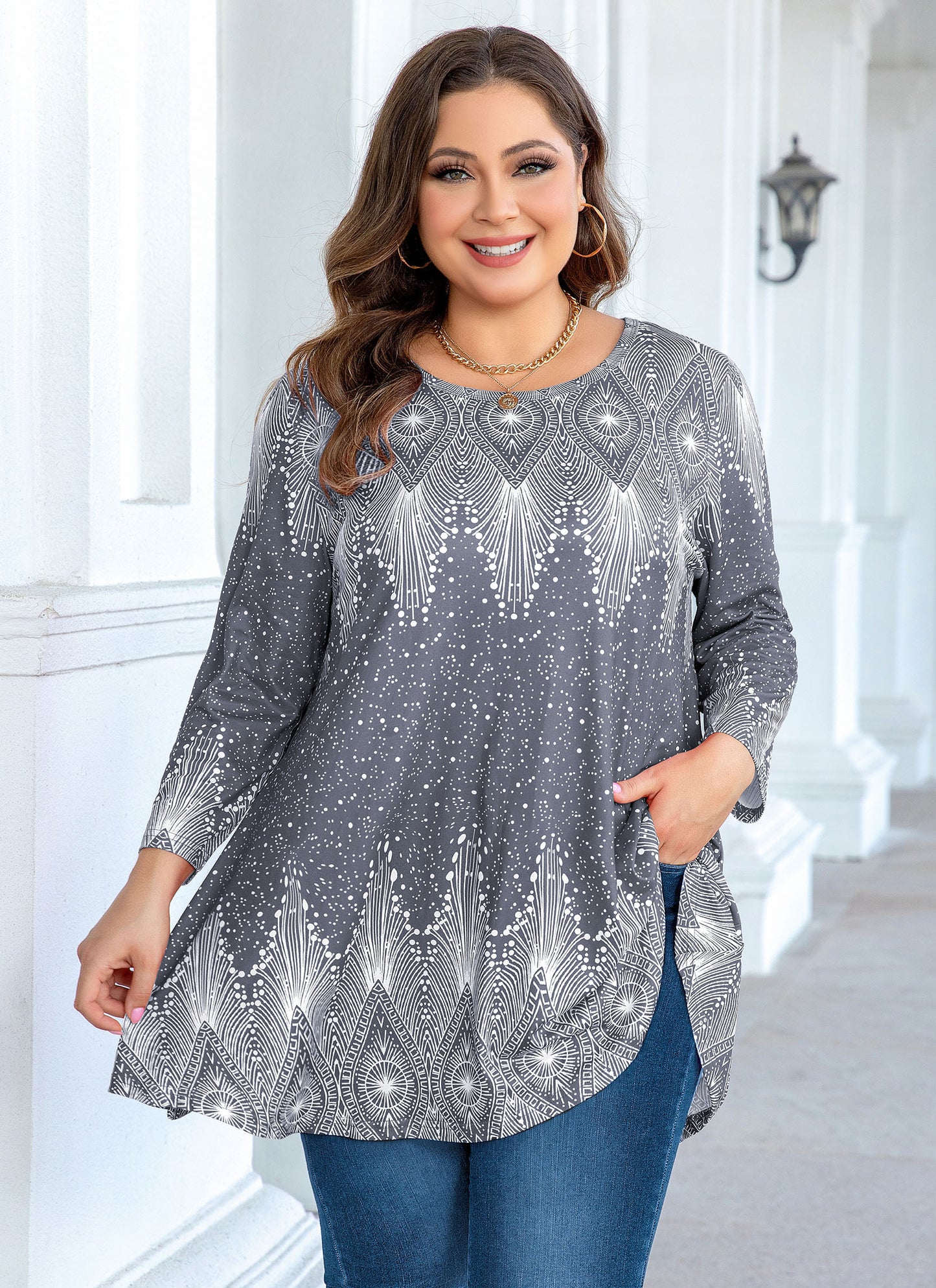 Womens Tunic Tops 3/4 Sleeve Plus Size Crew Neck Swing Flare Loose Fit T-Shirt Blouses to Wear with Leggings Grey Tunic