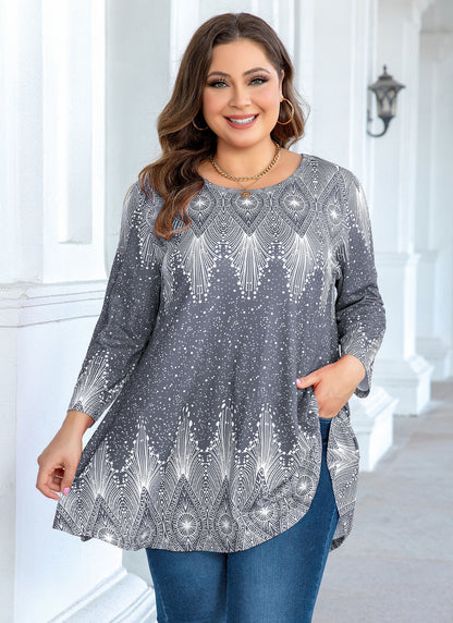 Womens Tunic Tops 3/4 Sleeve Plus Size Crew Neck Swing Flare Loose Fit T-Shirt Blouses to Wear with Leggings Grey Tunic