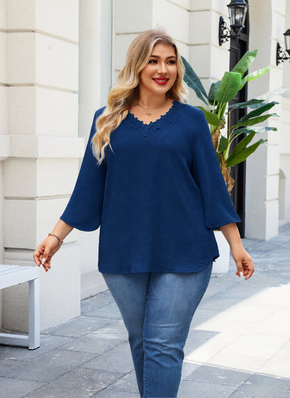 Womens Plus Size Blouses Dressy Casual 3/4 Sleeve Elegant V Neck Floral Trim Ladies Tunics Tops Navy Blue