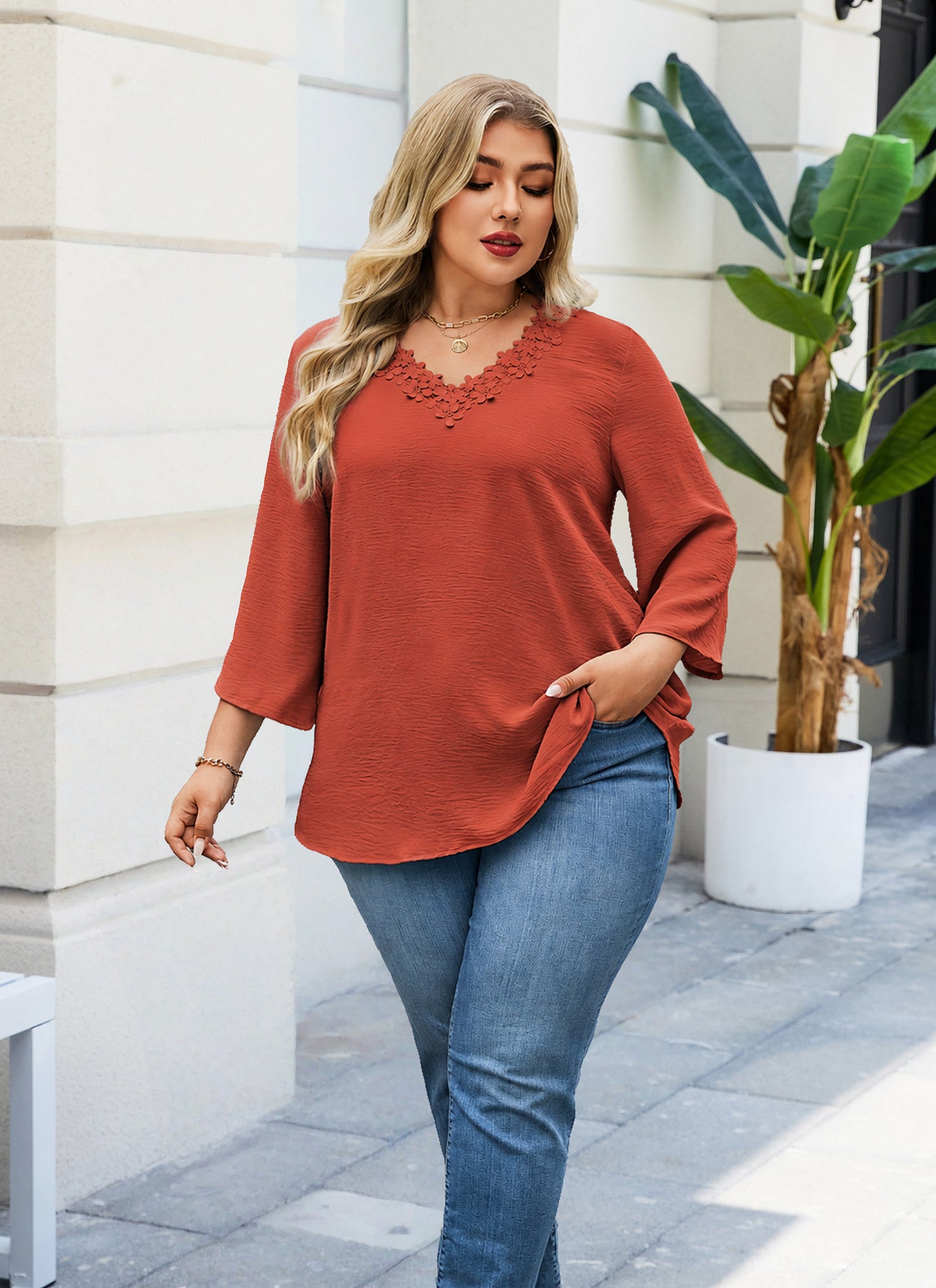 Womens Plus Size Blouses Dressy Casual 3/4 Sleeve Elegant V Neck Floral Trim Ladies Tunics Tops Burnt Orange