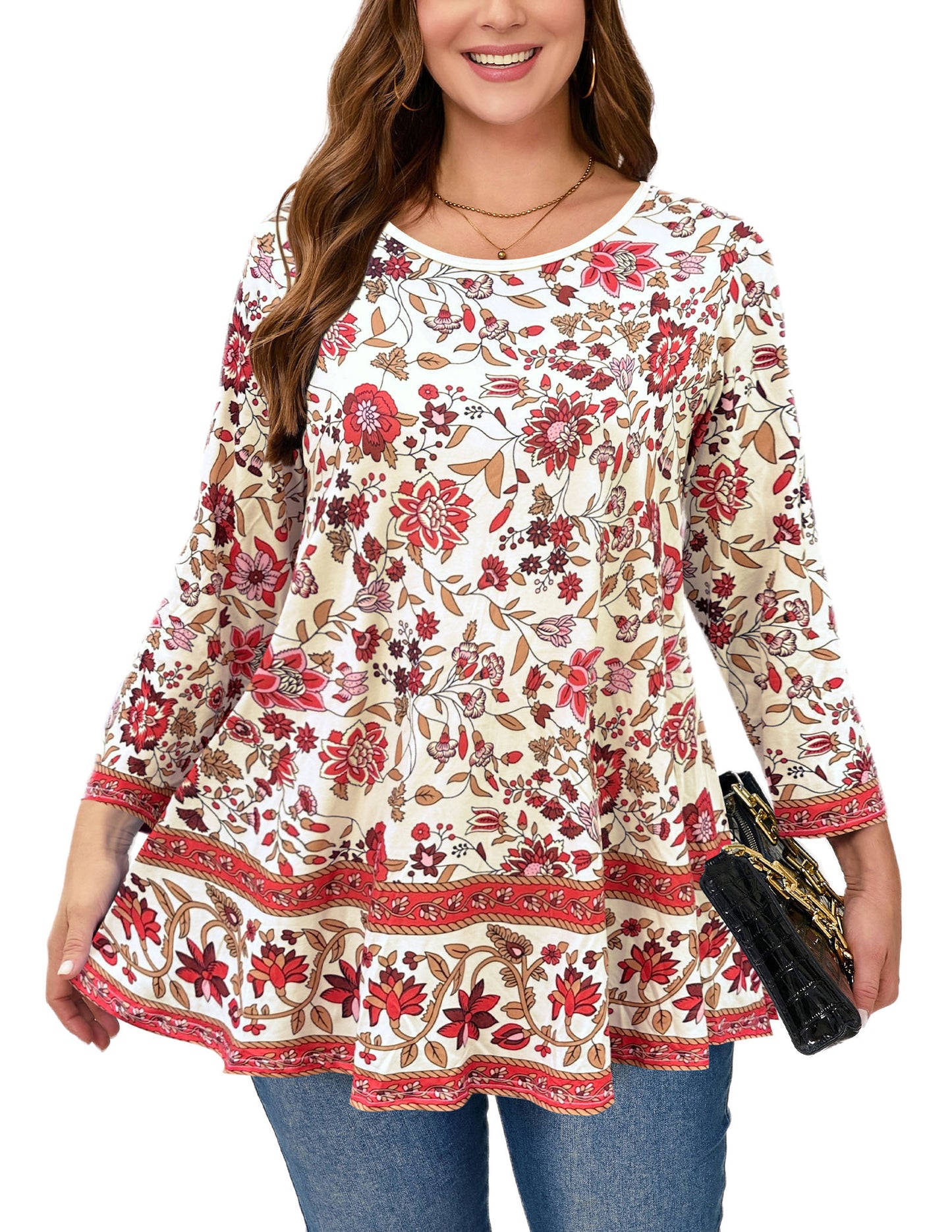 Womens Tunic Tops 3/4 Sleeve Plus Size Crew Neck Swing Flare Loose Fit T-Shirt Blouses to Wear with Leggings Red Floral Top
