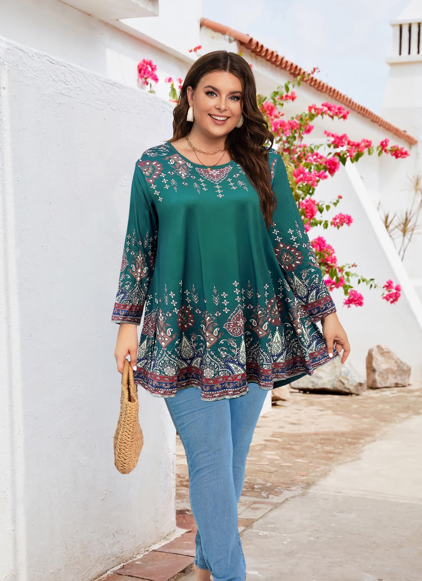Womens Tunic 3/4 Sleeve Plus Size Tops Crew Neck Swing Flowy Loose Fit T-Shirt Blouses to Wear with Leggings Teals Blue Floral Tunics