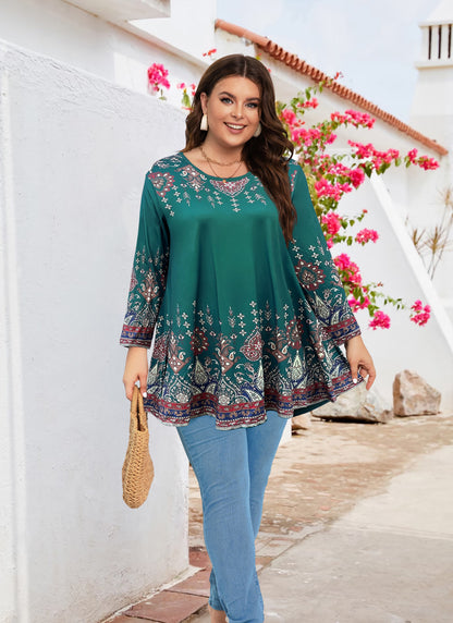 Womens Tunic 3/4 Sleeve Plus Size Tops Crew Neck Swing Flowy Loose Fit T-Shirt Blouses to Wear with Leggings Teals Blue Floral Tunics