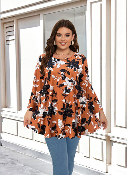 Womens Tunic 3/4 Sleeve Plus Size Tops Crew Neck Swing Flowy Loose Fit T-Shirt Blouses to Wear with Leggings Tunics Shirts Burnt Orange Floral