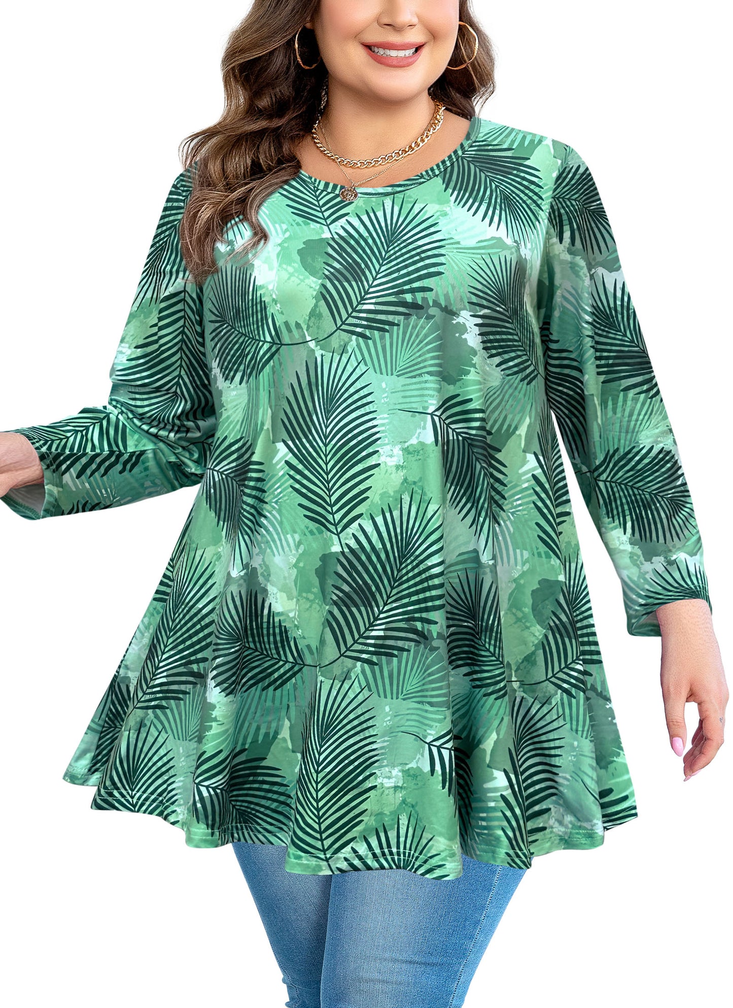 Womens Tunic Tops 3/4 Sleeve Plus Size Crew Neck Swing Flare Loose Fit T-Shirt Blouses to Wear with Leggings Green Leaf Tunic Tops
