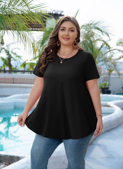 Tunic Tops for Women Plus Size Short Sleeve Crew Neck Swing Flare Loose T-Shirt Blouses to Wear with Leggings
